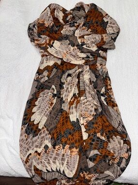 H&M Brown, Cream & Black Leaf-Print Tie-Waist Dress